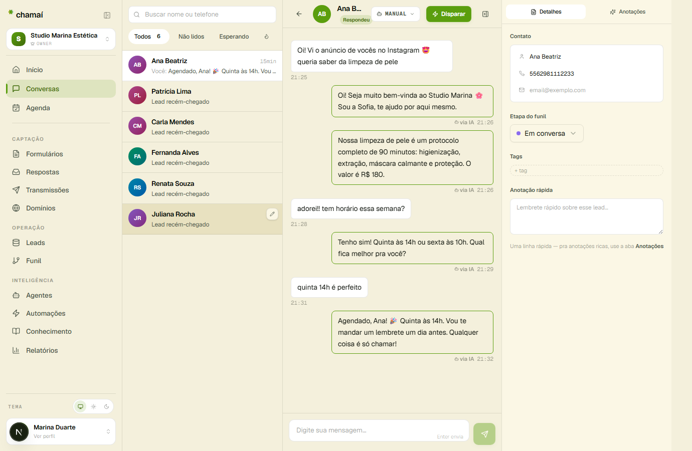 Tela de Conversas do Chamaí — a IA respondendo um lead de verdade