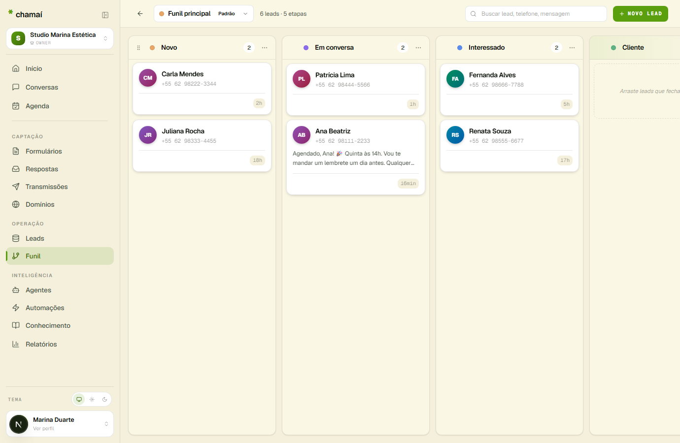 Funil kanban do Chamaí com leads em colunas